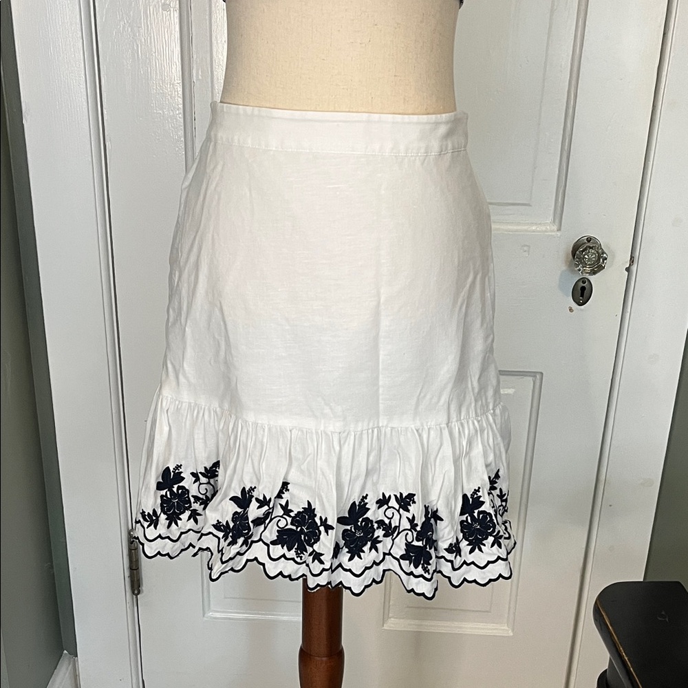 J. Crew White A-Line Skirt with Navy Floral Hem Embroidery